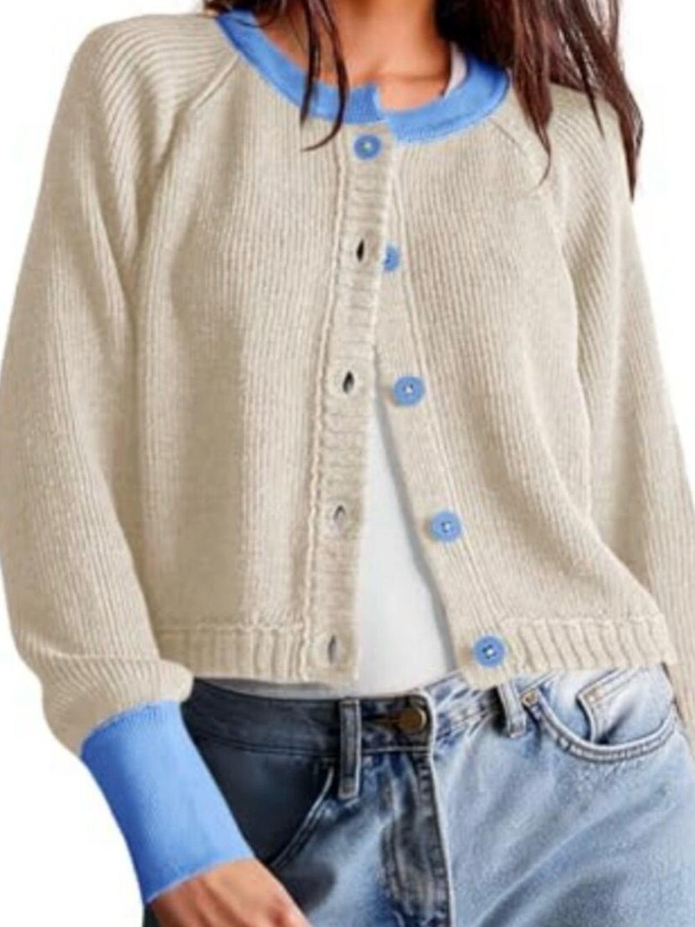 Women’s Cream Knit Button-Front Cardigan with Blue Trim